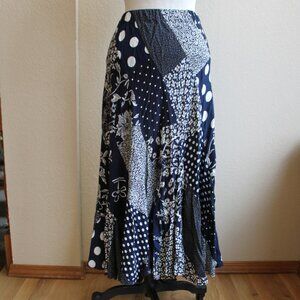 Wilderland Navy Blue Patchwork White Full Midi Skirt Rayon Elastic Waist Size L